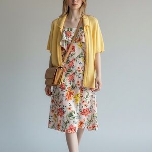 Outfit #1: GUESS Floral Dress, Northern Spirit Cardigan & Pixie Mood Bag